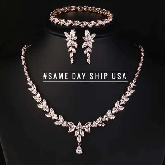Rose Gold Necklace Earrings Bracelet Crystal Cubic Zirconia Bridal Jewelry Set - Picture 1 of 2